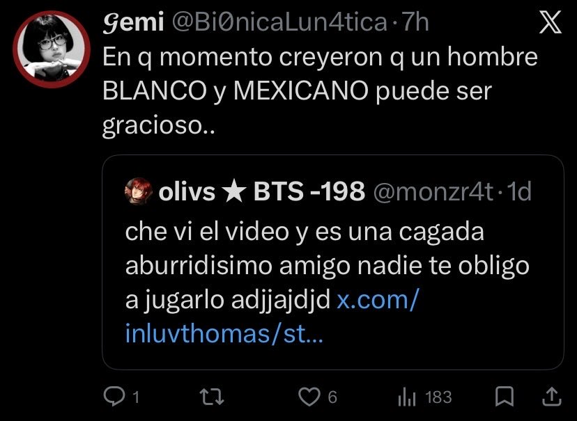 gmzzsp's tweet photo. @ricardoalcarazp JAHJAJA eres mexicano no puedes ser gracioso🤌🏻 https://t.co/Un5A50Rc9o