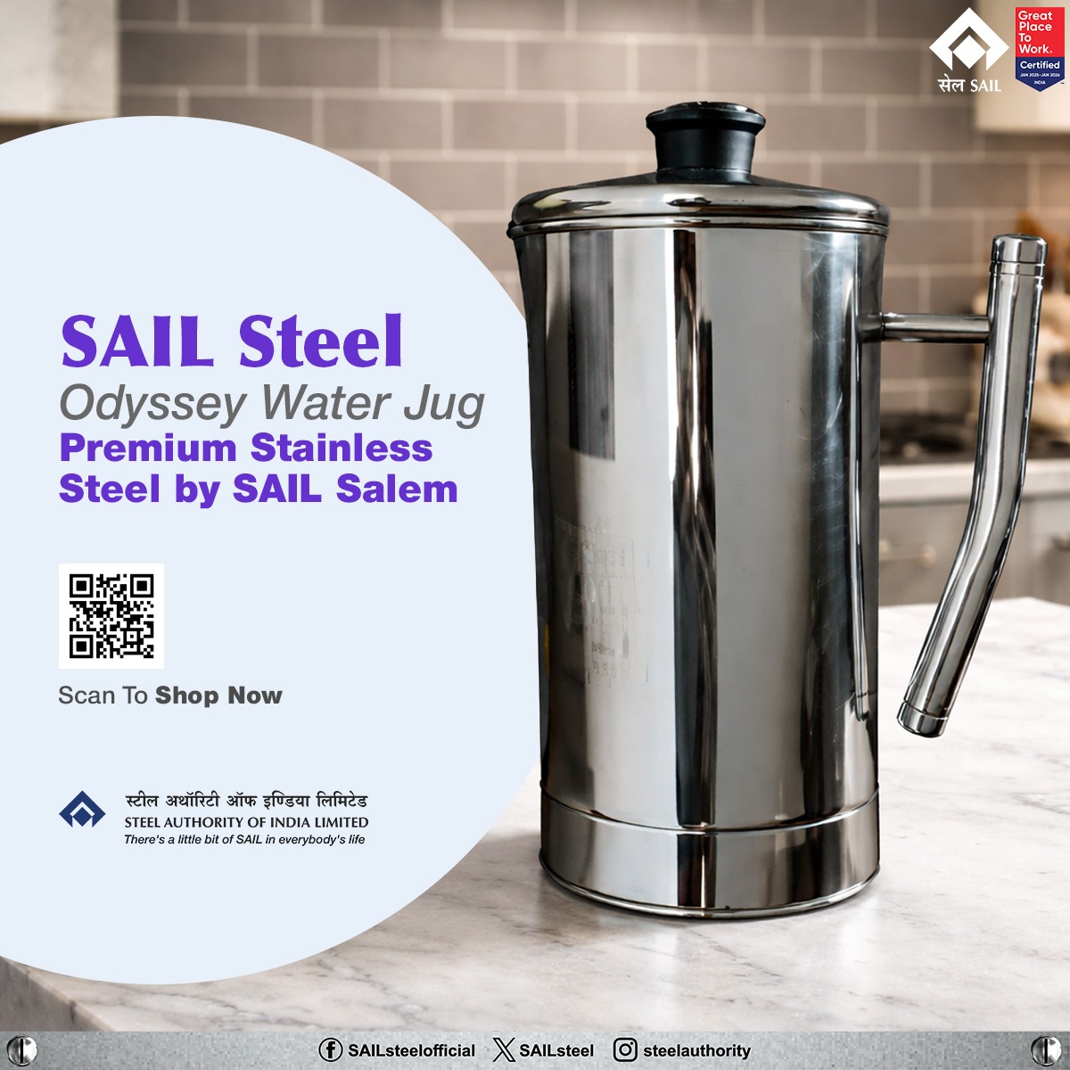 SAILsteel's tweet image. Bring home durability with elegance. SAIL Steel Odyssey Water Jug, crafted from premium stainless steel, offers lasting performance, sleek design, and trusted quality for everyday use. 

#SAIL #MadeInIndia