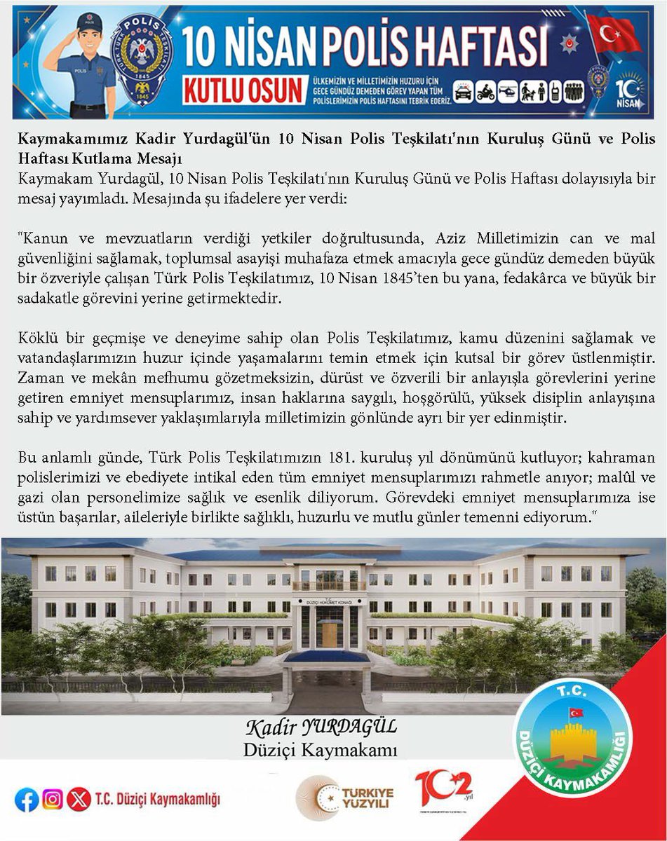 Kaymakamımız Kadir Yurdagül'ün 10 Nisan Polis Teşkilatı'nın Kuruluş Günü ve Polis Haftası Kutlama Mesajı

<a href="/Kadirkdryrdgl/">Kadir Yurdagül</a>