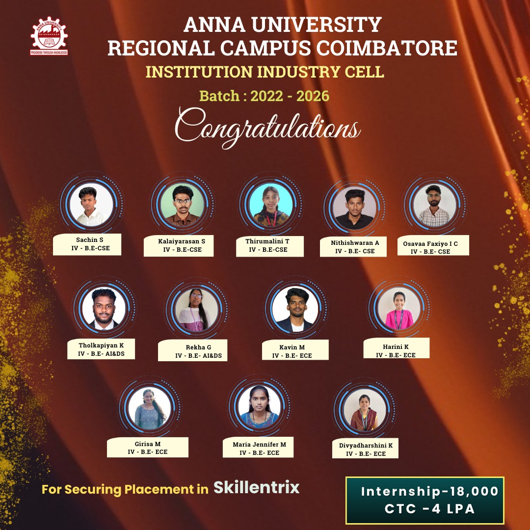 AnnaRegional's tweet photo. We are very happy to inform you all that Skillentrix has selected the following students for an Intern-cum-Placement opportunity, offering a salary package of ₹4 LPA along with a stipend of ₹18,000 per month. https://t.co/4p2Kaie4FQ