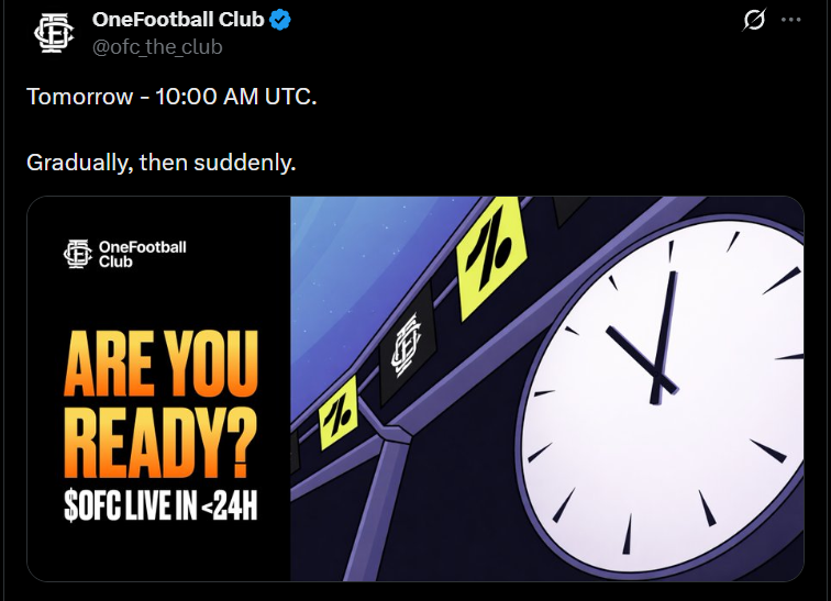 📢 <a href="/ofc_the_club/">OneFootball Club</a> Listing Today 

Listing Time : 10:00 AM UTC (3:30 PM IST)

Confirmed Exchanges : <a href="/Gate/">Gate</a> , <a href="/okx/">OKX</a> Boost, <a href="/Bit2Me_Global/">Bit2Me Global</a> 

No info on Claiming 👀

--

Team <a href="/_viN040/">vince.football</a> and <a href="/dnns_eth/">dnns</a> 

It feels disappointing to see that no real action has been taken for the community. I