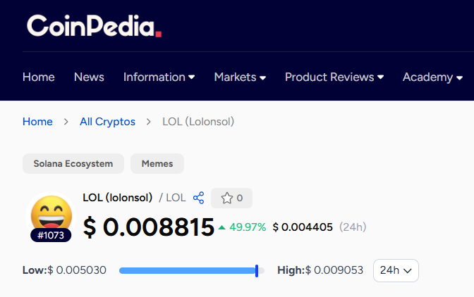 MarketCoinpedia's tweet image. Breaking: 📢 $LOL price rallied 49.97% to $0.008815 in the past 24 hours with trading volume surging 90% to $7.14M. 🚀

#LOL is #5 trending coin on CoinpediaMarkets with 12.6K holders 🔥

Do you hodl LOL? 👀

Track it here: markets.coinpedia.org/lolonsol/