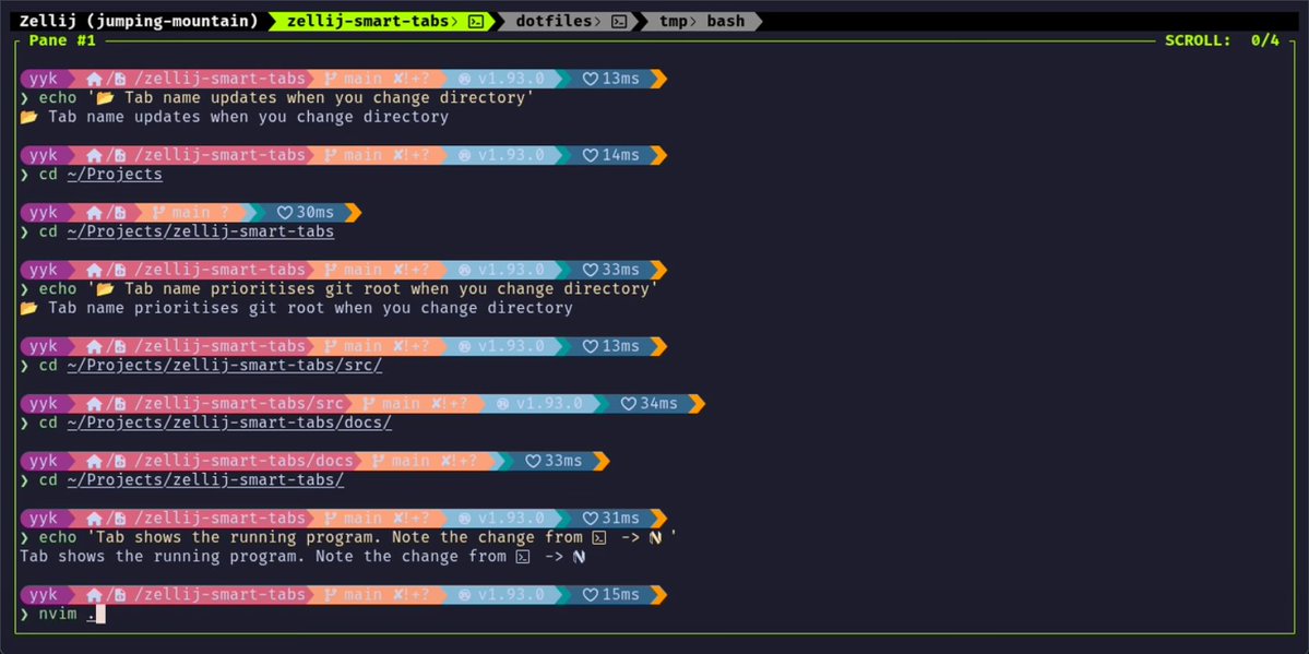 QingQ77's tweet image. zellij-smart-tabs 是一个 Zellij WASM 插件，用 Rust   编写，可以自动重命名标签页，让你一眼就知道每个标签页在运行什么。

它基于目录路径、git   根目录、当前运行的程序来智能命名，支持 MiniJinja 模板语法自定义格式，还有仪表板   UI、手动标签切换、窗格状态报告等功能。