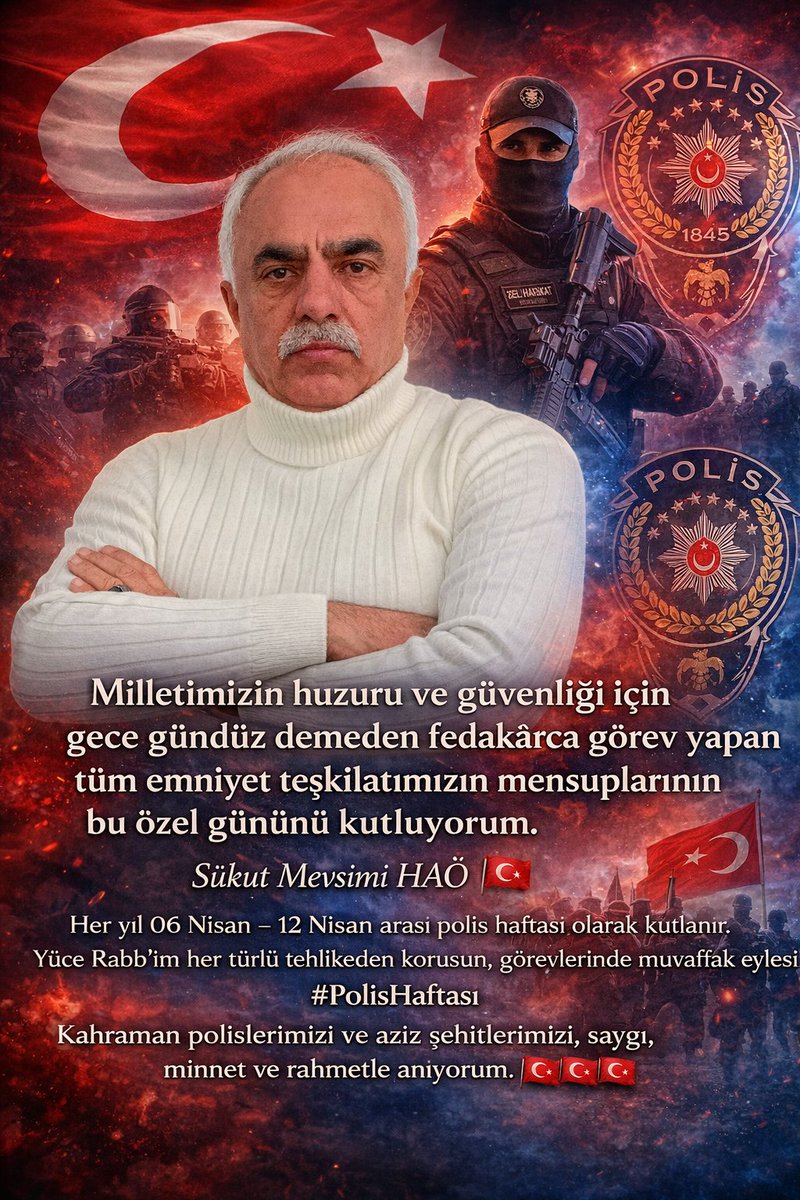 Her yıl 06 Nisan - 12 Nisan arası polis haftası olarak kutlanır. Yüce Rabb'im her türlü tehlikeden korusun, görevlerinde muvaffak eylesin.  #PolisHaftası 

Kahraman polislerimizi ve aziz şehitlerimizi, saygı, minnet ve rahmetle anıyorum. 🇹🇷🇹🇷🇹🇷