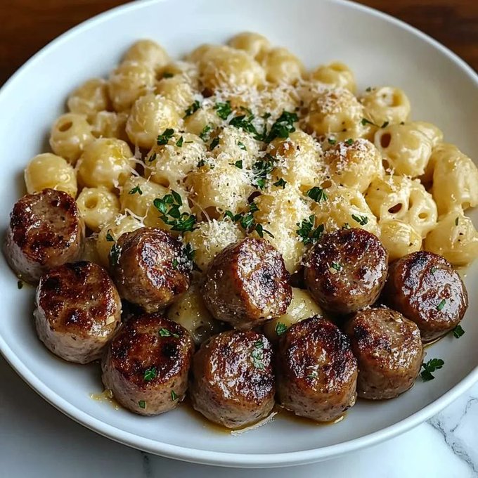 Garlic Butter Sausage Bites with Creamy Parmesan Pasta