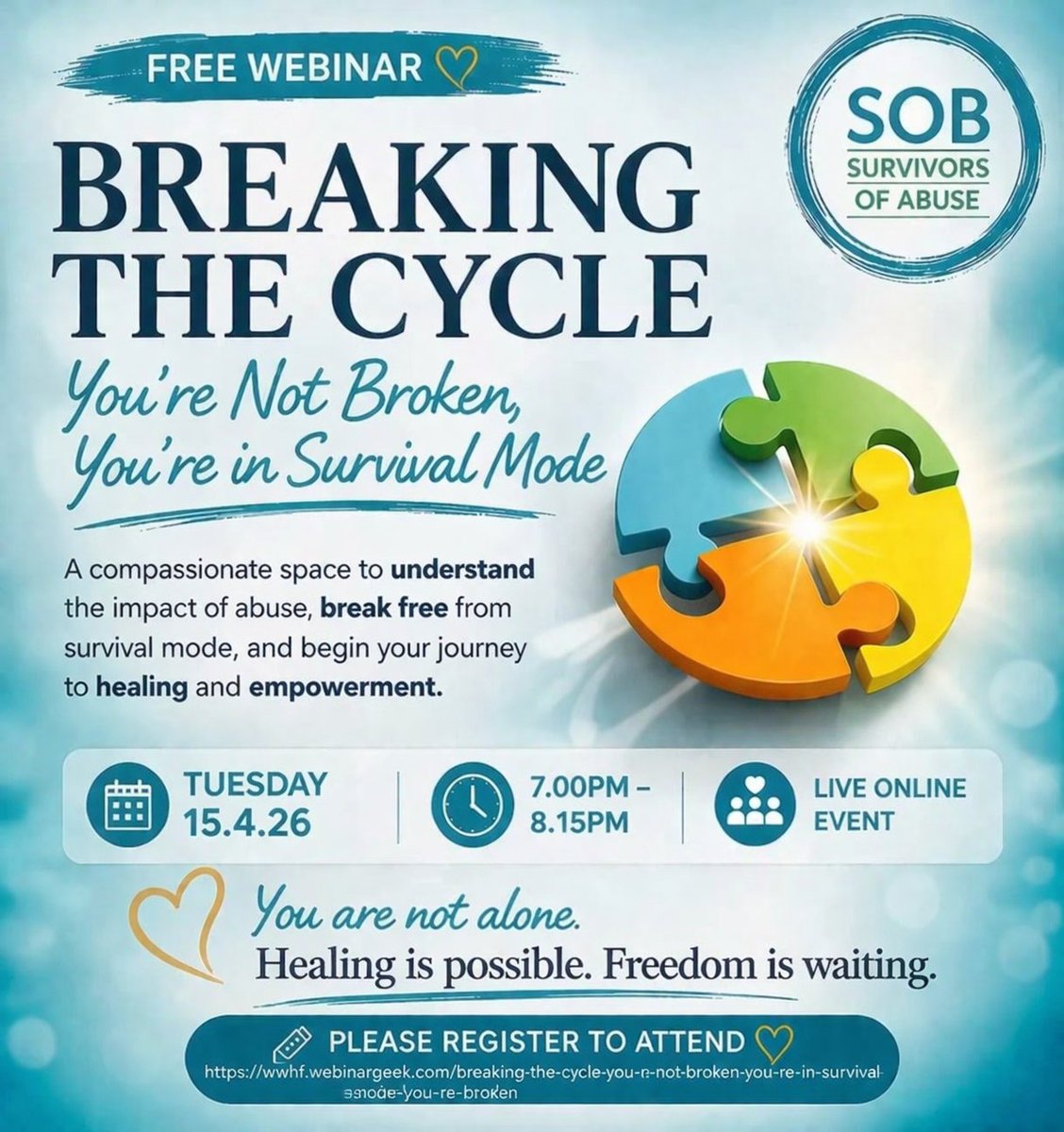 ChrisTuck_SoB's tweet photo. I am hosting a complimentary Webinar this Weds 15.4.26 7pm to 8.15pm pls register if you would like to attend and share with anyone you feel may benefit from attending.

SOB - Survivors Of ABuse

https://t.co/oeNycIddPs

@SOB_Org https://t.co/PM1OtWkZVg