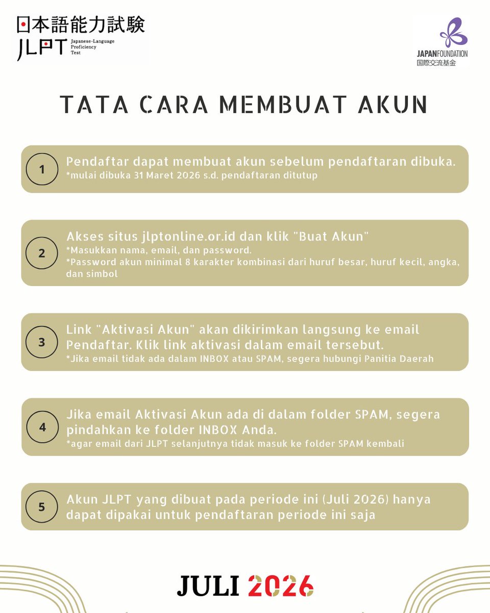 JF_Jakarta's tweet photo. PEMBUKAAN PENDAFTARAN JLPT 2026 (Juli)
Wilayah D.I.Yogyakarta, Malang, Semarang & Surabaya

Periode Pendaftaran:
Level N1 - N5: 10-15 April 2026
*𝗣𝗲𝗻𝗱𝗮𝗳𝘁𝗮𝗿𝗮𝗻 𝗱𝗶𝗯𝘂𝗸𝗮 𝗽𝘂𝗸𝘂𝗹 𝟬𝟵:𝟬𝟬 𝗪𝗜𝗕
*Pendaftaran akan ditutup lebih awal apabila kuota terpenuhi

Pertanyaan terkait JLPT dapat disampaikan ke Panitia Daerah melalui “Kontak Panitia” di website JLPT : https://t.co/4OzRVRRKej (tautan di BIO).

#jlpt
#jlptindonesia
#jfjakarta
#japanfoundation