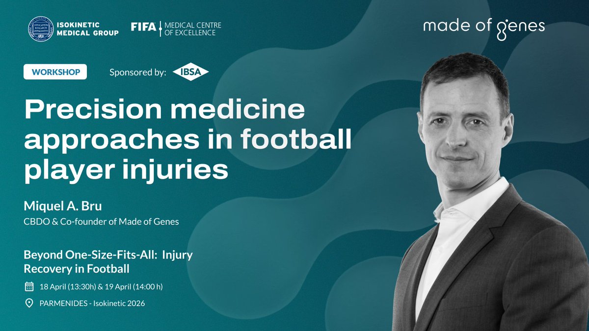 madeofgenes's tweet photo. ✨ Delighted to join #IsoK26

Invited by #IBSA, our co-founder and CBDO Miquel A Bru will present how precision medicine approaches are applied to football injuries, using predictive models and multimodal health data.

⚽ See you at @footballmed https://t.co/bALegj1HCy
