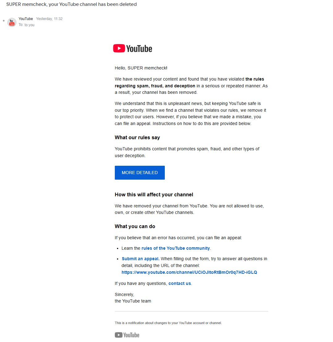SUPERmemcheck's tweet photo. Hi @TeamYouTube My channel was deactivated for monetization, and yesterday, April 8th, my SUPER memcheck channel was deleted for "spam, fraud, and deception."

I want to clearly state that I have not engaged in spam, fraud, or any deceptive activity. All my content is original animation, created with great effort and time. I did not violate any rules, and I believe this was a mistake. I filed an appeal yesterday, but it was rejected.

I would sincerely appreciate it if my channel could be manually re-reviewed. My SUPER memcheck channel: https://t.co/SN2czprKiQ