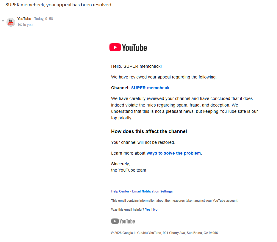 SUPERmemcheck's tweet photo. Hi @TeamYouTube My channel was deactivated for monetization, and yesterday, April 8th, my SUPER memcheck channel was deleted for "spam, fraud, and deception."

I want to clearly state that I have not engaged in spam, fraud, or any deceptive activity. All my content is original animation, created with great effort and time. I did not violate any rules, and I believe this was a mistake. I filed an appeal yesterday, but it was rejected.

I would sincerely appreciate it if my channel could be manually re-reviewed. My SUPER memcheck channel: https://t.co/SN2czprKiQ