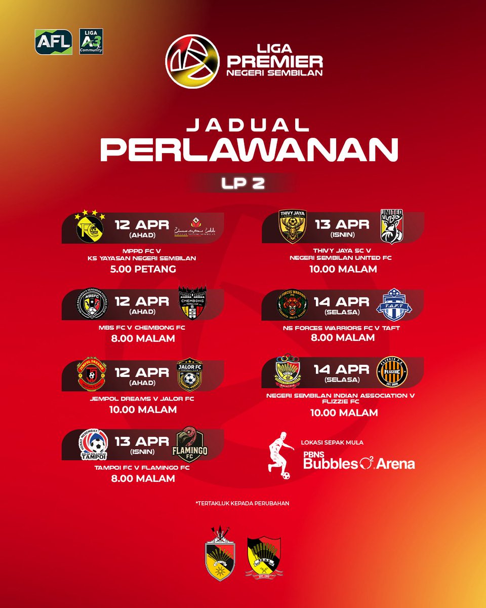 PBNS1923's tweet photo. Liga Premier Negeri Sembilan (LPNS) 2025/2026 bersambung untuk minggu kedua.

Lebih banyak aksi menarik bakal berlangsung di PBNS Bubbles O2 Arena, Seremban sepanjang Ahad hingga Selasa ini.

Perlawanan manakah yang bakal menjadi tumpuan anda?

#LPNS #PBNS #HobinJangHobin https://t.co/ehMaLargJV