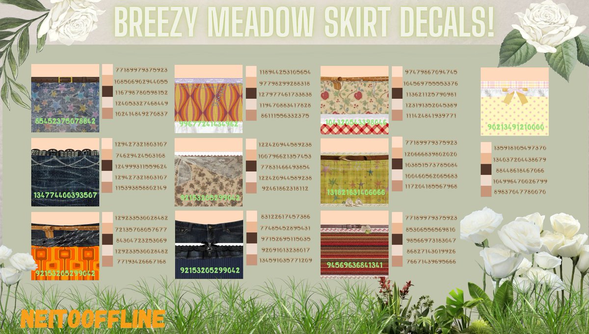 It's time once more, after suffering and crying about it, as promised. YAYY 300 FOLLOWERS!! WOOOOHOO

1 Skirt, 10 Decals in 6 different skin tones for the Breezy Meadows Skirt. I saw that you all enjoyed the preview, which was a HIT! Enjoy!🥹🧡

#royalehigh #royalehighdecals