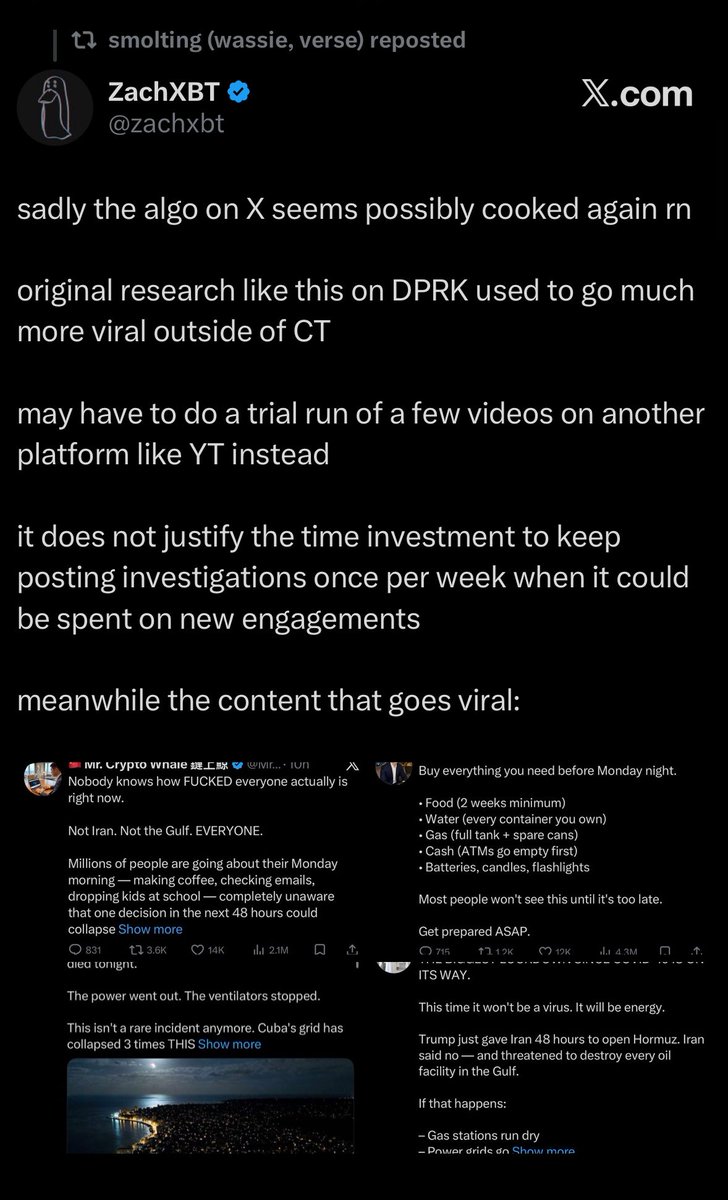 SerrDavee's tweet photo. i dislike how much people glaze the opinions of crypto industry leaders when most of them are clearly disillusioned from reality 

if they were as godlike as they claim - how have we as industry sunk so low? 

the only true thing in the post below is “marketers who have a deep understanding of the tech, dogfood their products, and are in tune with ecosystem/builders are best positioned to win” 

everything else is timeline bias. bro is speaking from the lens of things he is fed up with. 

sometimes I wonder why these industry leaders expect their consumers to be “super smart” people - it’s like if they had their way, using crypto would require reading a 100 page article 

saying "interning" is dead and shitposting gets old fast when the market isn't turbo sending” sounds good to hear but the reality isn’t as simple 

attention span is at an ATL & people legit just don’t care about crypto as much anymore. 

how many legends in the writing business have left crypto simply because it’s gotten increasingly tougher to sustain attention? 

your idea of “substance” may or may not be what the people want at that time.

here’s an image of ZachXBT complaining about how slop & ragebait gets way higher attention than his research uncovering crimes 

I’m not on any side when it comes to actual marketing considering in practice, one raise announcement can get you a mirage of support 

there’s literally no community pre-TGE. 

what actually matters is getting shiii done - you can honestly use any route to build narrative & it’d work out for your grift protocol

no one is actively picking what mediums they want & pushing that agenda except people like you - again, retail doesn’t care. 

crypto teams should focus on being better people overall. less scamming, less grifting - less insider hacks, less sybilling your own protocol, less racism, less not betting on the young people outside America & Europe coming here, less a lot basically 

so many things matter more than running the agenda in the post below because deep down, we both know people don’t care.
