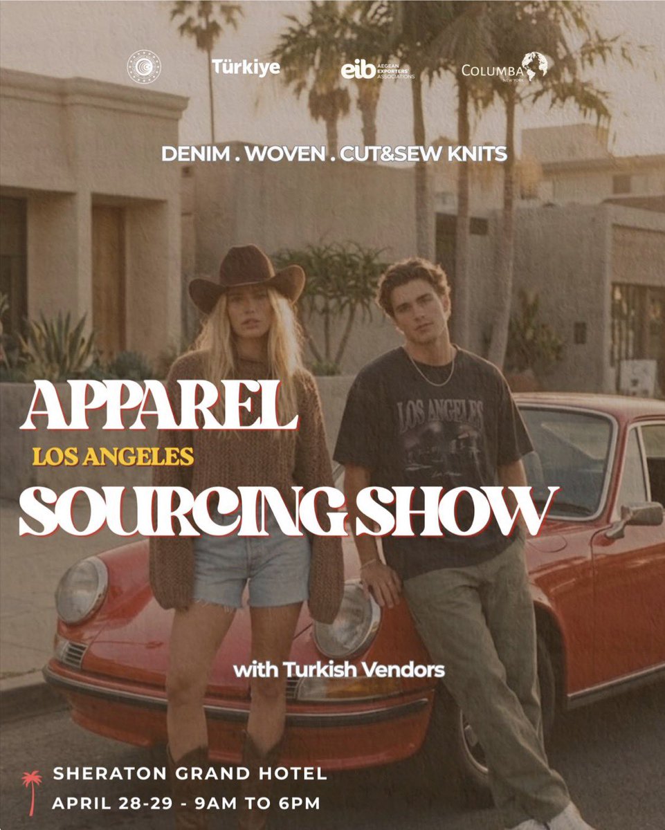 TRTradeLA's tweet photo. LA. SUN. FASHION. 👗👖🌴
Discover premium Turkish apparel manufacturing at the LA Apparel Sourcing Show 
📅 April 28-29
📍 Sheraton Grand DTLA

Explore denim, woven, and cut &amp; sew knit collections from top Turkish manufacturers.

RSVP: https://t.co/EZEFZCBCsO
@TC_LosAngelesBK https://t.co/Ffu3fHdP2A