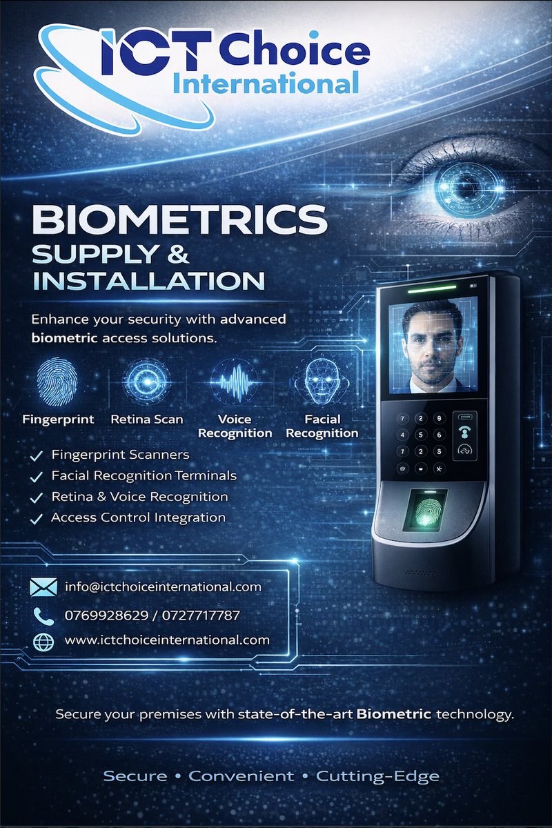 Ict_Choice1's tweet image. At ICT Choice International, we provide advanced biometric systems designed to enhance access control, improve accountability, and strengthen overall security for your organization. 

#ICTChoiceInternational #BiometricSolutions #AccessControl#SmartSecurity #SecuritySystems