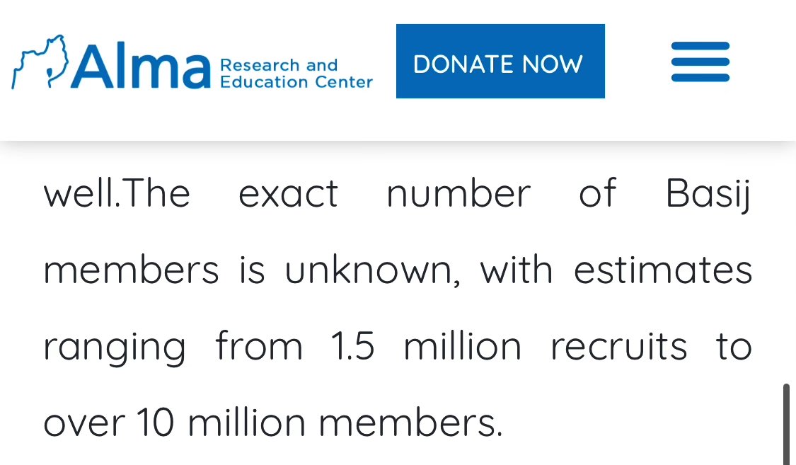 BheriaMS's tweet image. "Family members of the Basij members"

Official sources push to 25 million Basiji while anti-IR sources talk of 1.5 to 10 million (difference lies in the definition, "formal members", "volunteers", "sympathizers", etc)

Even the lowest estimate w/ relatives = millions of Iranians