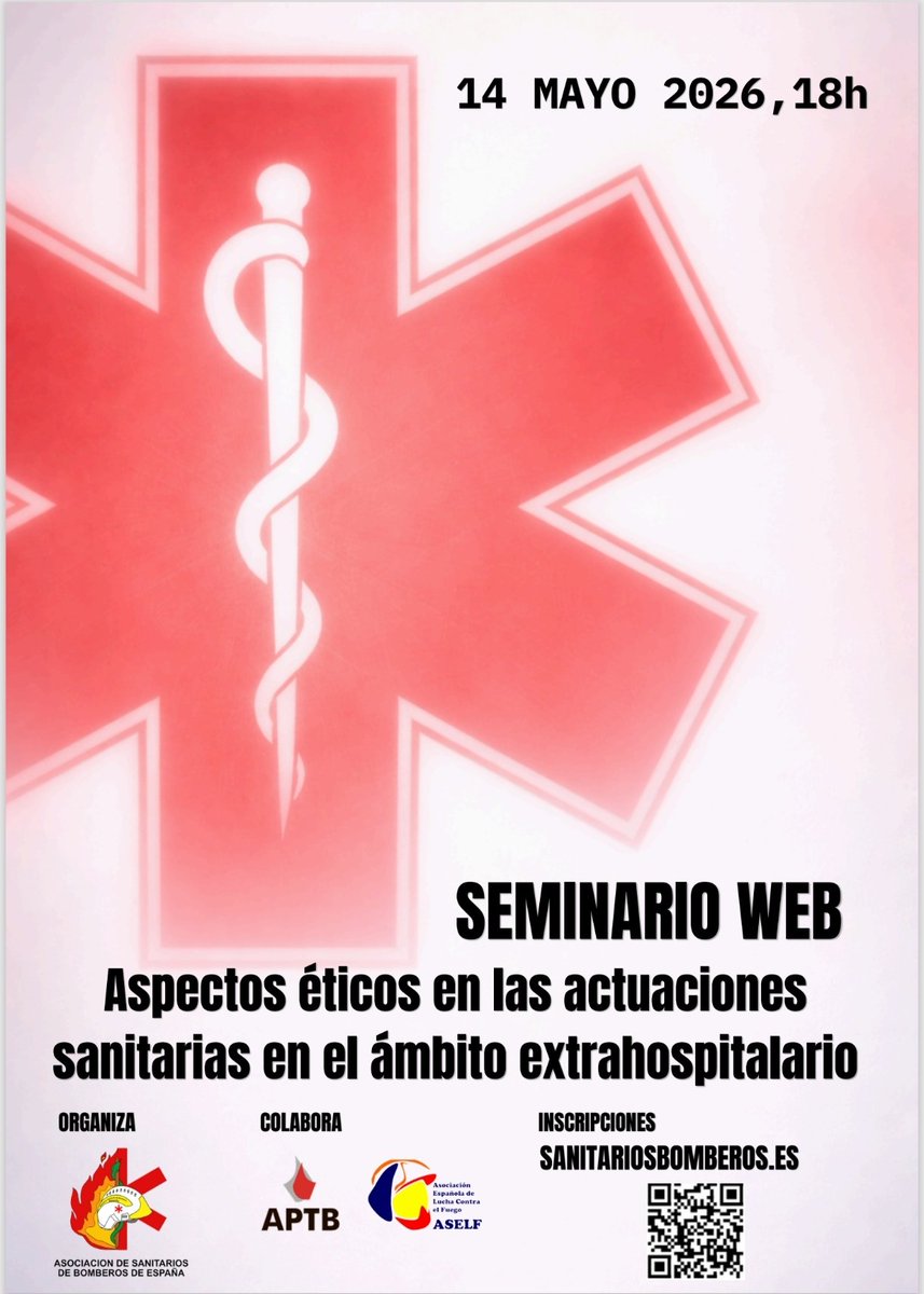 SanitariosBomb's tweet photo. V Seminario Web de ASBE "Aspectos éticos en las actuaciones sanitarias en el ámbito extrahospitalario"
🗓️ 14 de mayo de 2026
🕑 18:00h
👉 Inscripción gratuita escaneando el código QR
¡No os lo perdáis!

#ASBE #WebinarASBE #AspectosEticos #ActuacionesSanitarias #SanitariosBomberos https://t.co/ESrmuBoOhh