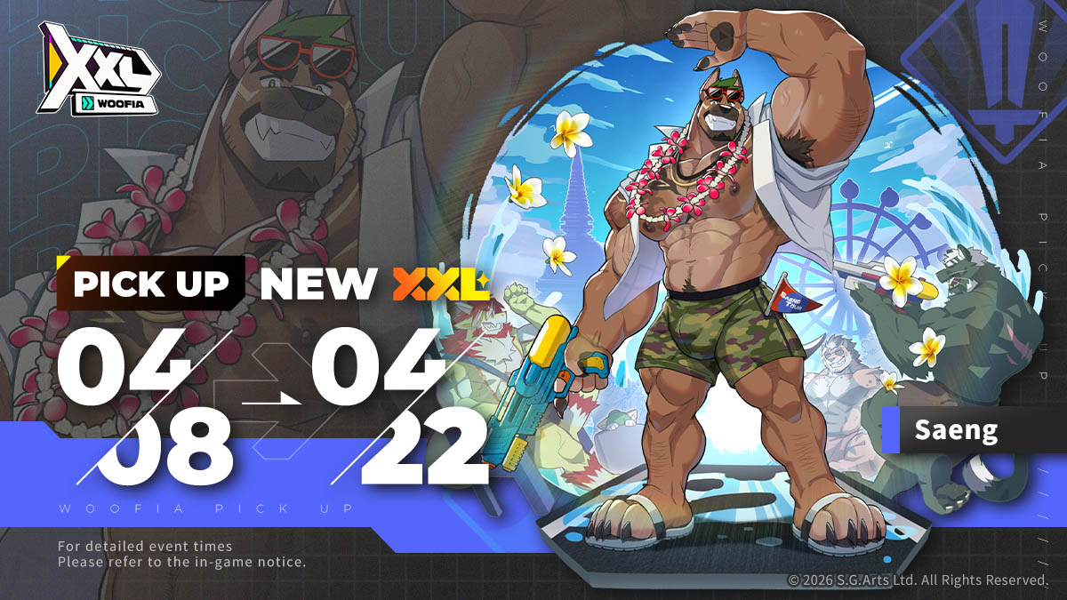 XXLWOOFIA's tweet photo. #XXLPickUp #Saeng

XXL Buddy Pick-Up Summon Now Available!
         
2026/04/08 after maintenance - 2026/04/22 14:59 (UTC+8)
The droprate for XXL Buddy Saeng will be greatly increased!

Collaborating Artist: Sollyz (@SollyzSundyz)

■ Type: Water
■ Role: Fighter
■ Traits: Defense Break / Water Barrage

-

Follow me and I will take you to the coolest hot spot!

The Water Fighter born and raised in the tropical island, Saeng, makes his debut with a bright smile! Whether in the spirit of the celebration's blessing or when controlling the tempo of battles, Saeng will always lead the way to the most exciting adventures!

In battles, Saeng strikes continuously with Water Gun Attack, gradually amplifying the power of his EX Skill. When the perfect moment comes, he will land a critical blow on the enemy with his EX Skill, Chilling Snipe. After unlocking his Sigil, he is able to further cancel the enemy's defenses, catching the defending opponents off their guards!

Moreover, after unleashing his EX Skill, he continues to benefit the team in the following turns with enhanced Basic Attacks and damage boosts, turning a single burst into a sustained, swift output. His every landing strike paves the way for the team—whether it's increasing the total damage dealt through his EX Skill or shielding his allies while defending, Saeng makes the front line both secure and exhilarating.

Leading with a smile and caring for everyone, Saeng always bounces back from his exhaustion before the next trip begins—for him, his greatest reward is seeing the joy in others.

Saeng will break the deadlock with a refreshing splash of water and take you to get to know his beloved homeland.

※For more details, head to [Summon] in-game.

#XXLWOOFIA #Gay #Bears #GayGame