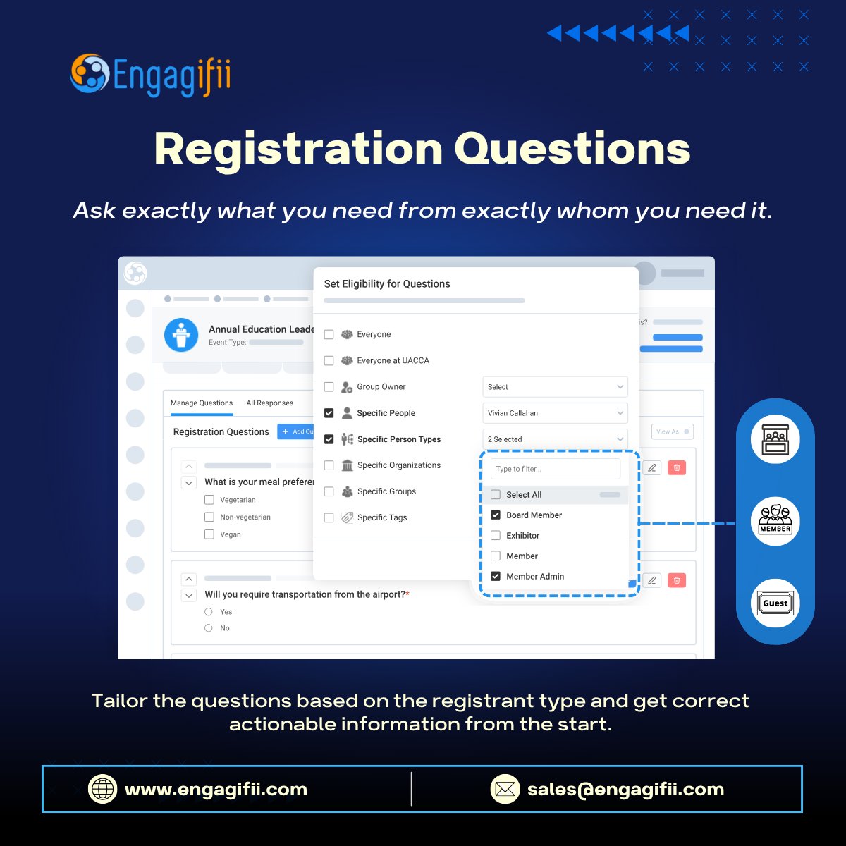engagifii's tweet image. Don’t ask the same questions for everyone.

Use Engagifii’s new Registration Questions to tailor questions by registrant type, show relevant fields conditionally, and capture meaningful information. 

🔗Learn more
engagifii.com/features/gathe…

#Engagifii #Registration #EventTech