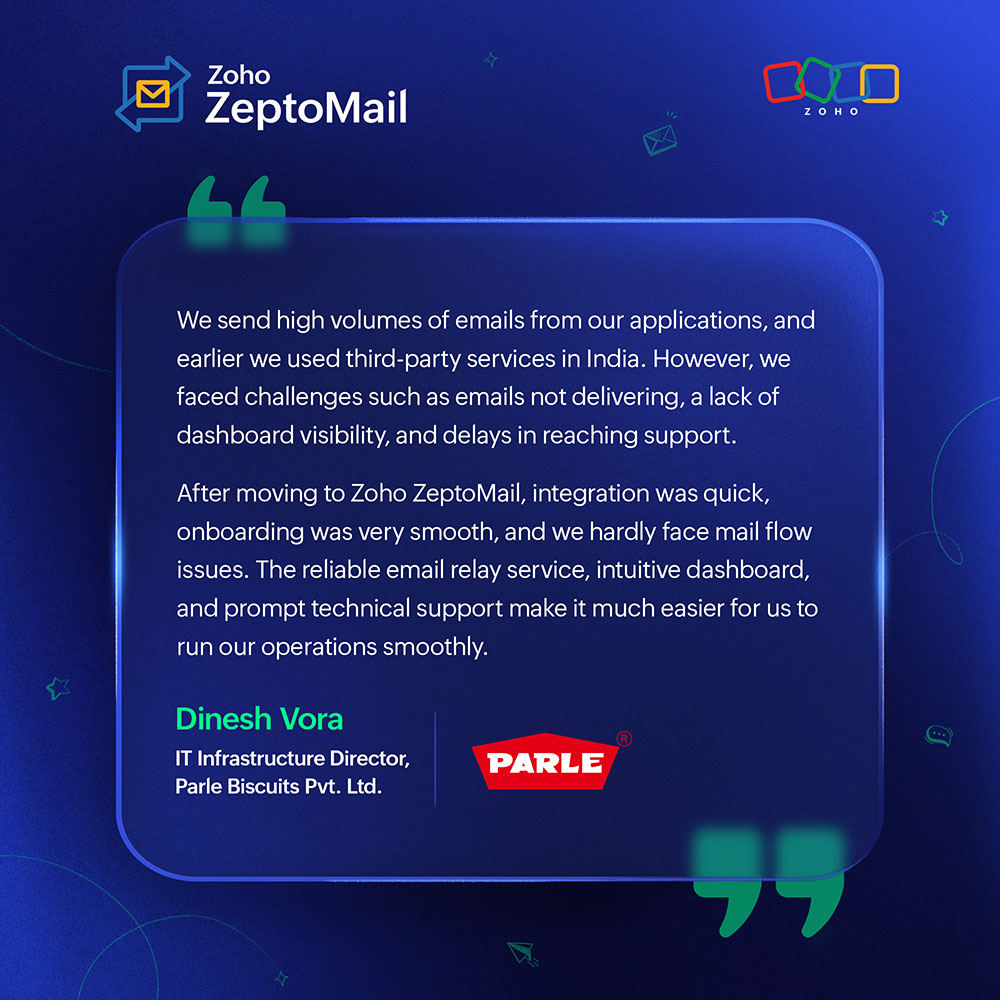 ZohoZeptoMail's tweet image. From email delivery issues to consistent delivery, Parle found their fix with ZeptoMail. Here’s their story 👉 zurl.co/50oVk 

#customerstory #happycustomer #transactionalemails #zohozeptomail