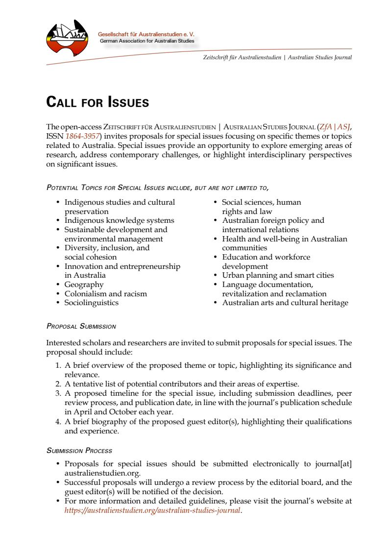 CALL FOR ISSUES | The open-access Zeitschrift für Australienstudien | Australian Studies Journal (ZfA|ASJ, ISSN 1864-3957) invites proposals for special issues focussing on specific topics related to Australia. #AustralianStudies #CfP #Journal #Australia buff.ly/ucjWeoa