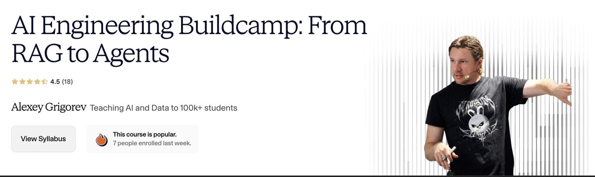 A man gesturing while presenting the AI Engineering Buildcamp course details, including ratings and enrollment information.