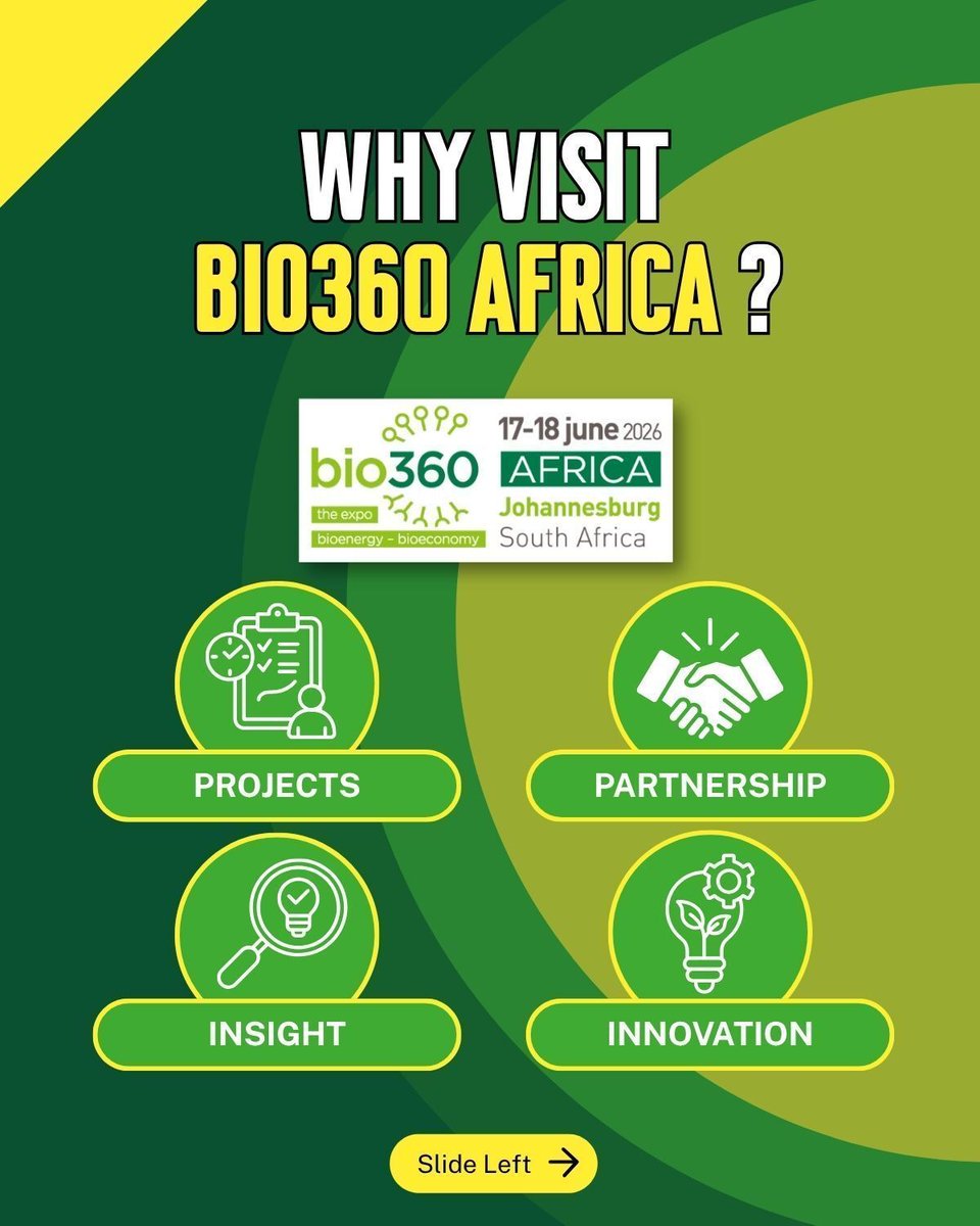 bio360expo's tweet photo. 🟡 Discover in this post the 5 reasons to visit Bio360 Africa. 

🌱 More than an event, a catalyst for Africa’s bioeconomy.
🤝 One place, the entire value chain.

👉 Join us
📍 Johannesburg | 📅 17–18 June 2026 
🔗 https://t.co/x4ntKR83hZ https://t.co/p2K1asU3sP