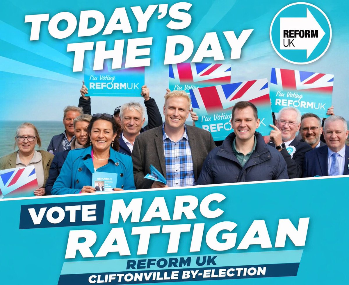 ReformUKFHRM's tweet image. 📣 Kent Reformers todays the day for the by-election in 
Cliftonville. Please get out &amp;amp; vote for @MarcRattigan1 Polls are open 08.00-22.00 remember your voter ID 🗳️
Please SHARE &amp;amp; spread the word #VoteReformUK #Cliftonville #Kent