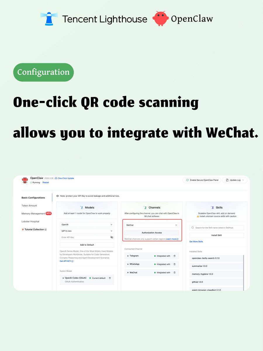 TencentCompute's tweet photo. 🔥 Major release: Lighthouse &amp; OpenClaw now support WeChat integration!  

Chat with your AI assistant directly in WeChat. One-click QR setup, cloud-deployed in seconds.  

Available for both Lighthouse and ClawPro Enterprise. 

 📖 Tutorial: https://t.co/j38cr5f7Bm https://t.co/O5mMYOQU5L