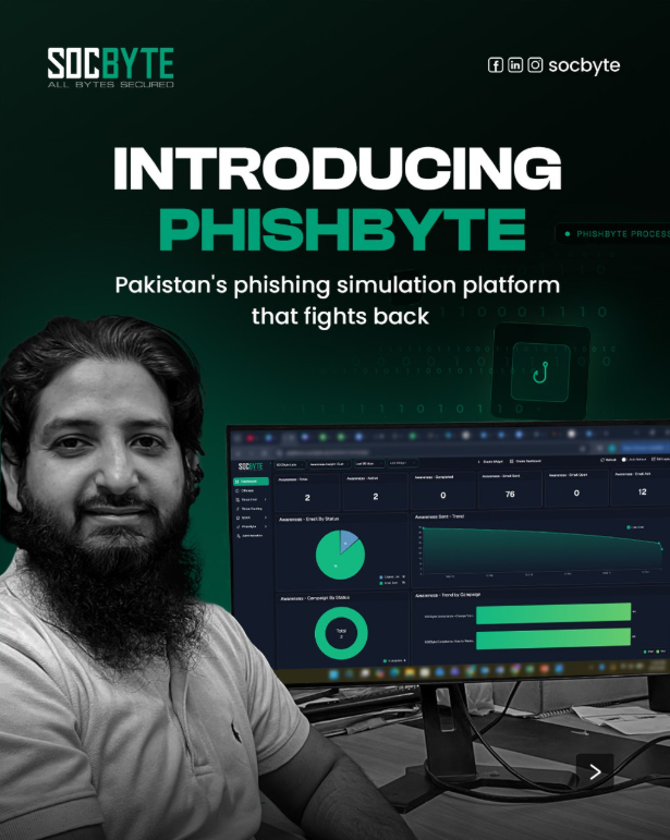 SOCByte's tweet photo. PhishByte is SOCByte's phishing simulation platform that gives your security team the power to launch real-world simulated attacks.

PhishByte is built by young Pakistani folks who don't just understand modern day cybercrime but also excel at user experience and psychology. https://t.co/qhyDyXuBPk