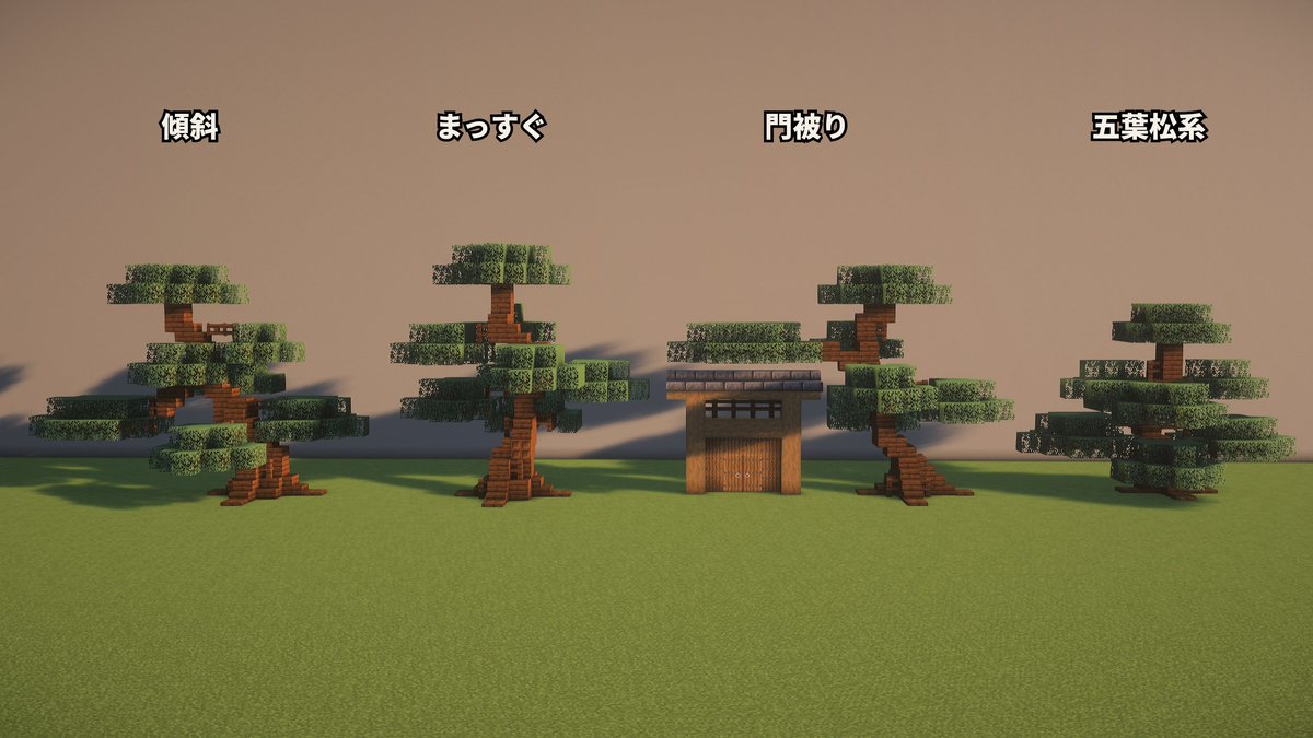 Babukun0603's tweet image. 松の木比較

傾斜・まっすぐ・門被り・五葉松系
どの形が好きですか？

#Minecraft #Minecraftbuilds #和風建築