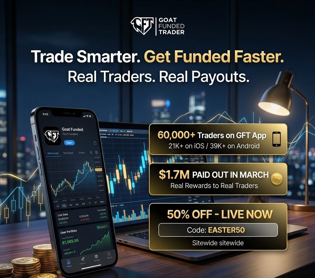 Bin__nas's tweet image. 🚨📱 60K+ Traders on GFT App
Track. Manage. Scale. @GoatFunded

Built for serious traders. If you’re not on it, you’re behind. 🐐

💰 $1.7M Paid Out in March
🎯 50% OFF  Live
🎟 Code: EASTER50

• $5K  $17
• $100K $229

Don’t watch. Participate.
checkout.goatfundedtrader.com/aff/Bin_nasir/