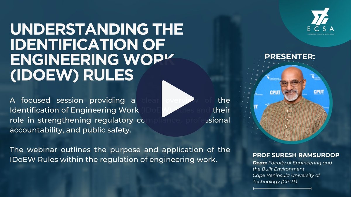 ECSAOfficial's tweet photo. 📺 Missed the IDoEW Rules webinar?

Watch the full session and understand how the rules support compliance, accountability &amp; public safety.

🎥 https://t.co/PdFHyML1CT
📄 https://t.co/5kvqWM6Bl9
#ECSA #EngineeringProfession #PublicSafety #Regulation https://t.co/UIcCU3MOqE