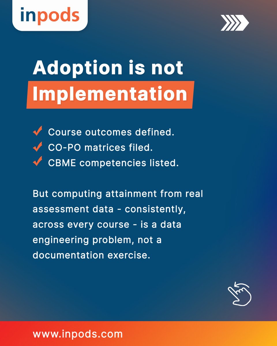 InpodsAI's tweet image. Your institution has adopted OBE. But is attainment actually being computed from real assessment data - consistently, across every course?

Book a 15 minute demo: inpods.com/demo/

inpods.com

#OBE #OutcomeBasedEducation #NAAC #NBA #AccreditationReadiness