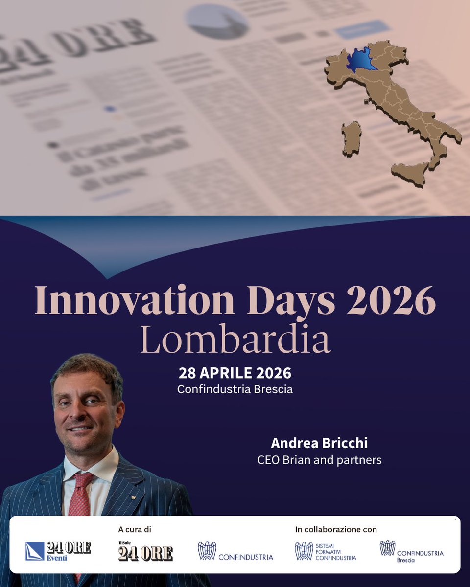 AndreaBricchi77's tweet photo. Il 28 Aprile sarò tra i relatori agli #InnovationDays, organizzati da @24Eventi, gruppo Sole24ore e Confindustria. 
Parleremo di PMI, di M&amp;A, di mercati internazionali e anche di telecomunicazioni, ferroviario ed energia. https://t.co/W3tJq6Epr9