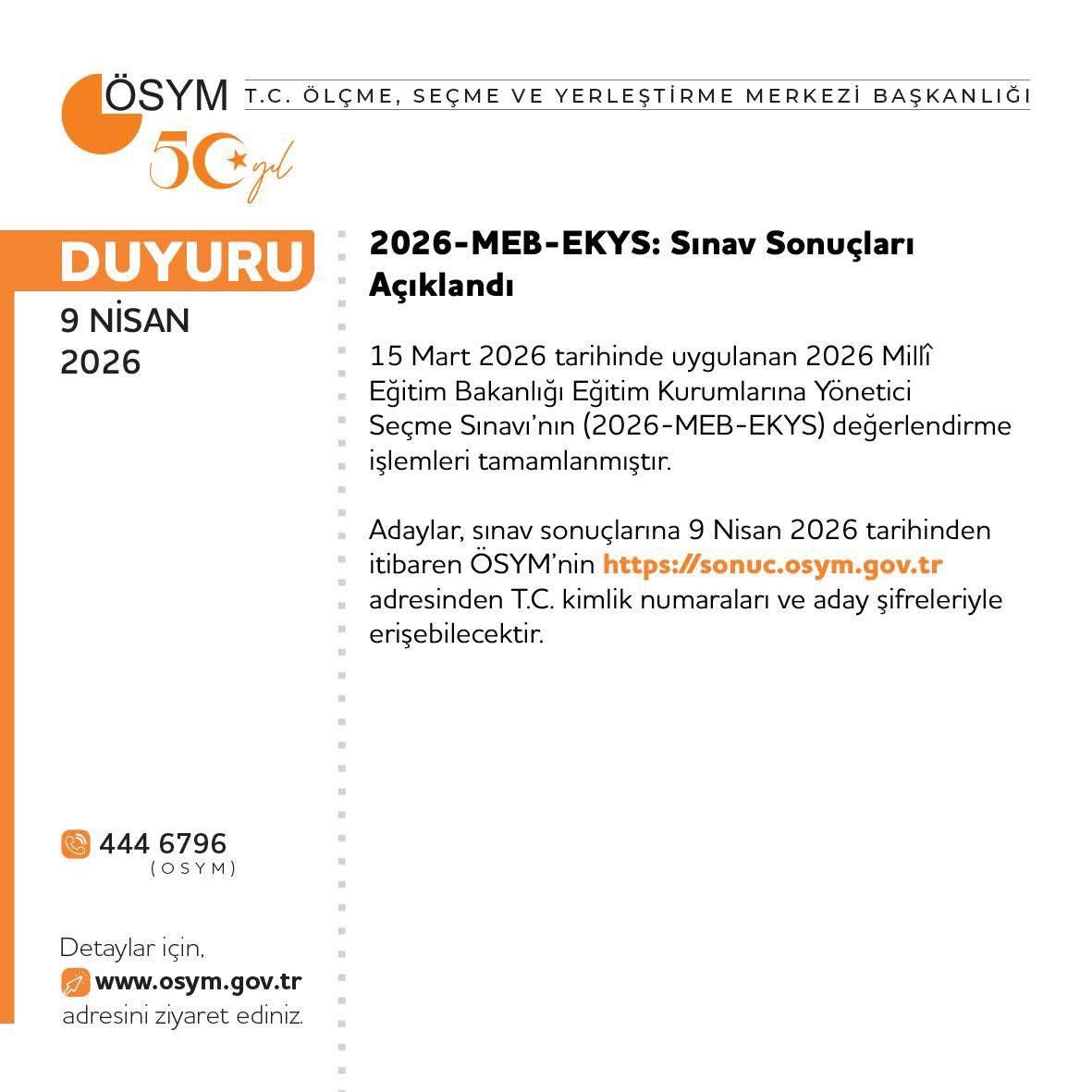 📢 2026-MEB-EKYS: Sınav Sonuçları Açıklandı

👉 osym.gov.tr/TR,33977/2026-…

<a href="/tcmeb/">Millî Eğitim Bakanlığı</a> <a href="/Yusuf__Tekin/">Yusuf Tekin</a> <a href="/GurhanCokgezer/">Gürhan Çokgezer</a> #bursamem
