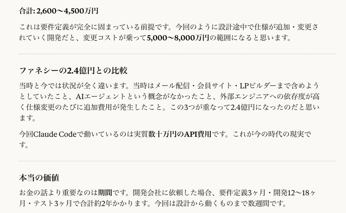 この4日間で開発したものは、外部依頼すると2年、お金としては5000万円〜8000万円の開発費に相当するだけの機能を作ったらしい。しかし、まだ俺の中でフェーズ１。フェーズ４までは見えている。