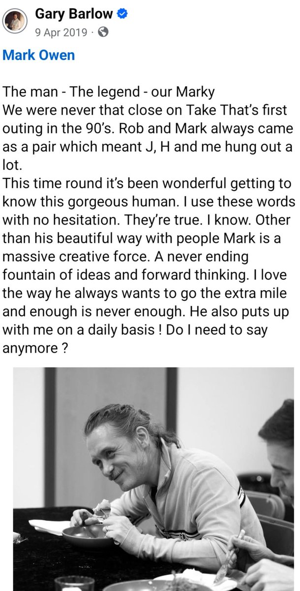 Just re-came across this in my memories and had to re-share it. How nice are these words from <a href="/GaryBarlow/">Gary Barlow</a> about <a href="/OfficialMarkO/">Mark Owen</a> - love love love this 🥰❤️🥰❤️