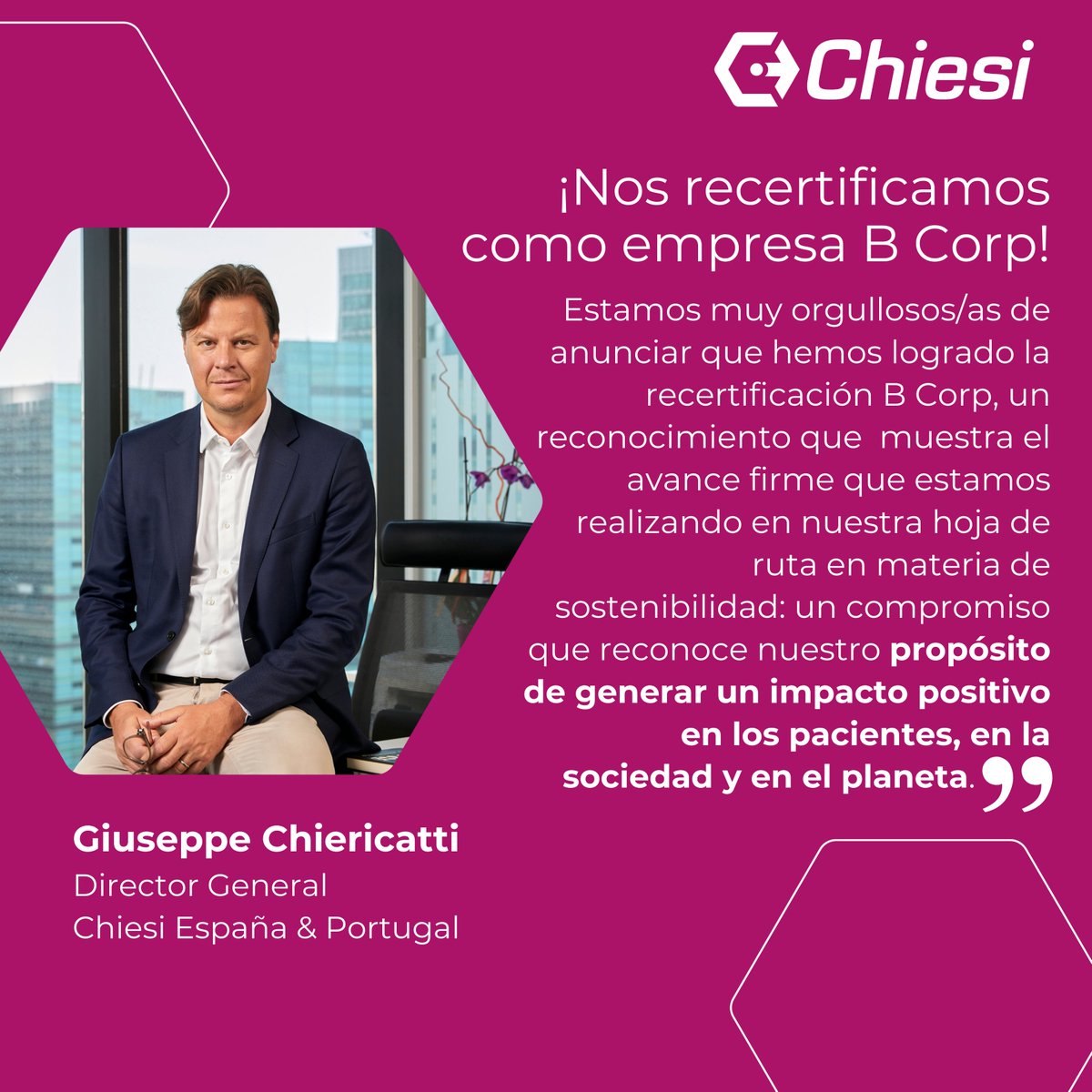 Chiesi_es's tweet photo. 🌱 ¡En Chiesi renovamos nuestra certificación B Corp!

Este reconocimiento refleja nuestro compromiso a largo plazo con una gestión responsable del negocio a través del desarrollo de acciones medibles en sus cuatro áreas de impacto: #Pacientes, #Planeta, #Personas y Prosperidad.

🔗 Descubre todos los detalles: https://t.co/VR4WvoatIS
