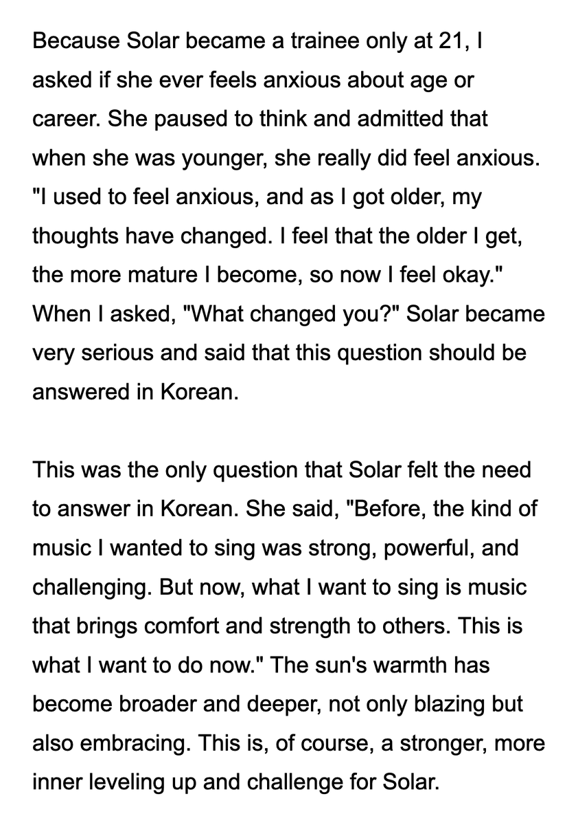 DragonKazoo77's tweet image. "Before, the kind of music I wanted to sing was strong, powerful, and challenging. But now, what I want to sing is music that brings comfort and strength to others. This is what I want to do now."

#SOLAR #頌樂 #솔라 260409