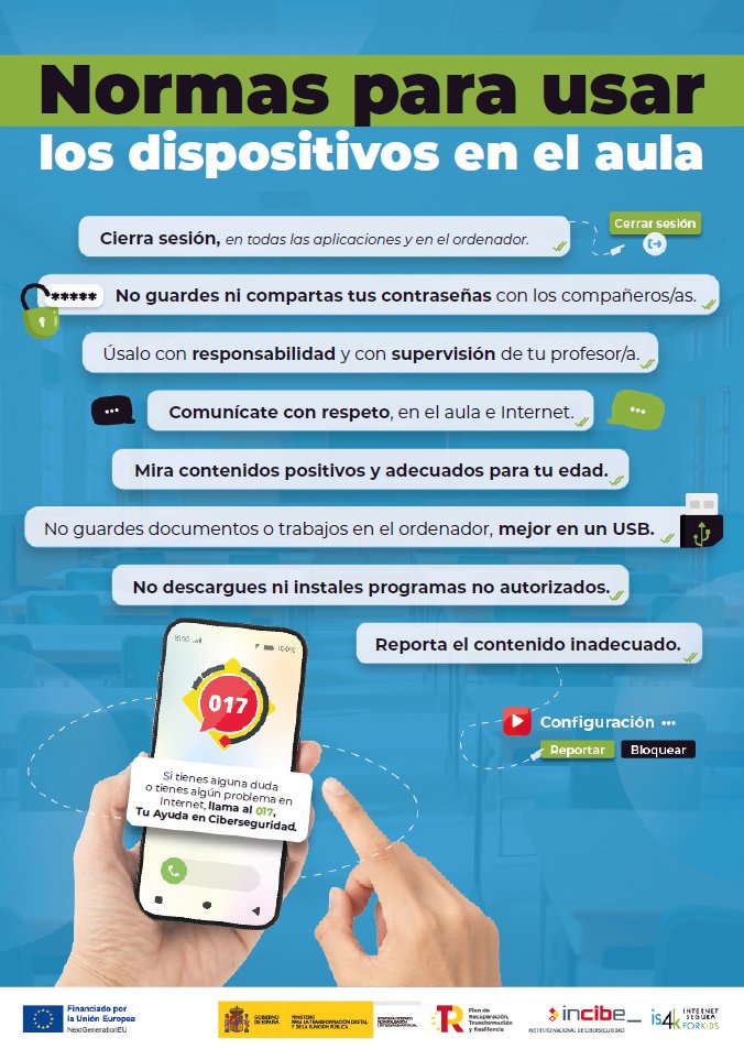 INCIBE's tweet photo. Dentro del #aula, la tecnología suma… si se usa bien. 

Te proponemos unas normas claras 👀para el uso de dispositivos por parte de tu alumnado en clase. 

Educar en el uso responsable hoy es clave para el futuro 🌍 

#SeguridadDigital #EducaciónDigital https://t.co/QTIjMMAlW2
