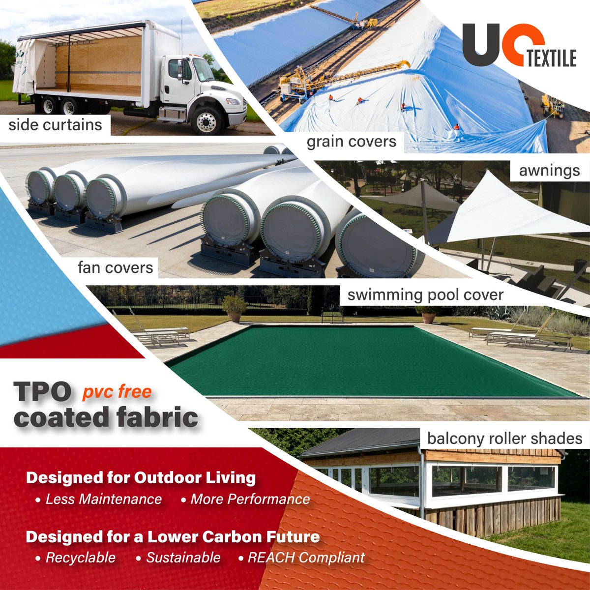 UcUctex7708's tweet photo. One fabric. Endless applications.
PVC-free TPO for:
Grain covers | Awnings | Truck curtains | Pool covers &amp; more
Less maintenance. More performance.
#tpo #pvcfree #outdoorfabric #tarpaulin #industrialfabric #uctextile https://t.co/khcMntTbys