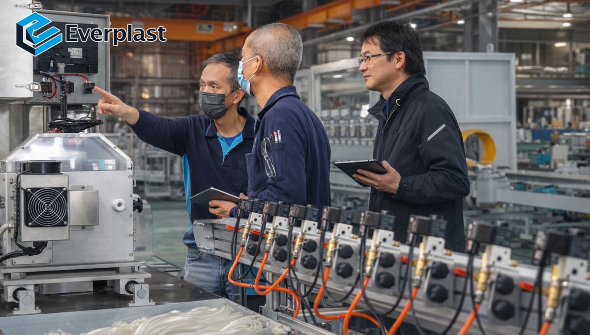 everplast's tweet photo. 【EVERPLAST 工廠日誌 #65】

工程師於現場進行電控系統檢測與參數優化，逐一確認各關鍵環節運作狀態並精準排查異常，確保整體生產線穩定高效運行；團隊同步進行即時調整與技術討論，強化細節控管與經驗整合，不僅提升設備穩定性與製程一致性，也進一步確保醫療管於輸液、氧氣供應及各類醫療應用中的品質與可靠性。

#Everplast #頡懋實業 #頡欣機械 #Extruder #EverplastMachinery #machine #industry #factory #machinery #extrusionline #medical_tube #pipe #tube #醫療管