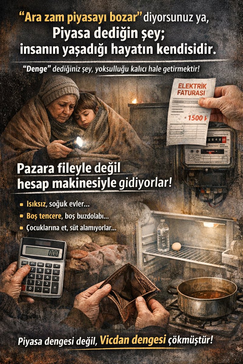 Sayın Mustafa Elitaş  <a href="/mustafaelitas/">Mustafa Elitaş</a> “ara zam piyasayı bozar” diyorsunuz ya, 

Piyasa dediğiniz şey; insanın yaşadığı hayatın kendisidir.

 “denge” diye savunduğunuz şey, aslında yoksulluğu kalıcı hale getirmenizdir.

İnsanlar pazara fileyle değil, hesap makinesiyle gidiyor.