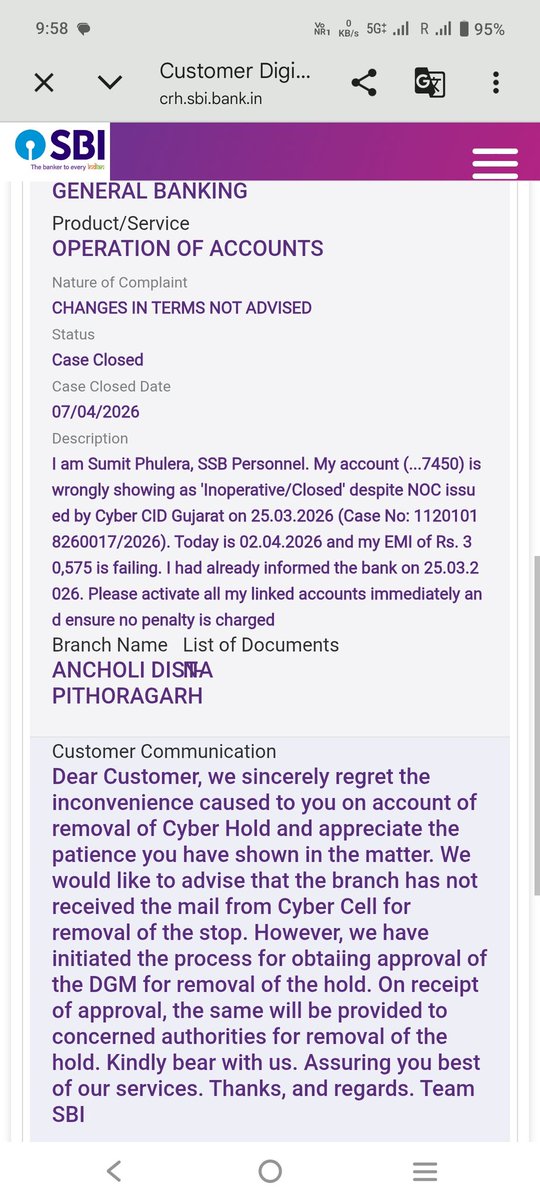 sumit_phulera's tweet photo. @OfficialSBICare @TheOfficialSBI 
My salary A/C (…7450) is still frozen despite Cyber Cell NOC (25.03). ₹1.3L balce, yet 2 EMIs have bounced.
File pending at Patna Nodal Office; CMS (950528689)closed without resolution.
Request:
 Immediate unfreeze
No penalty
•No CIBIL impact
@RBI @FinMinIndia https://t.co/EDd5F462DI