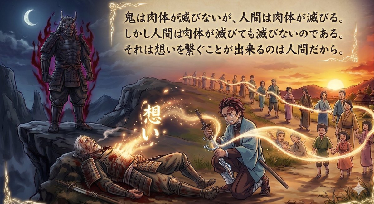 👄今週の金言✨①(急に始めた)✨️
鬼滅の刃が出典なんでしょうか？

“鬼は肉体が滅びないが、人間は肉体が滅びる。
しかし人間は肉体が滅びても滅びないのである。
それは想いを繋ぐことが出来るのは人間だから。”

＃今週の一言
＃鬼滅の刃