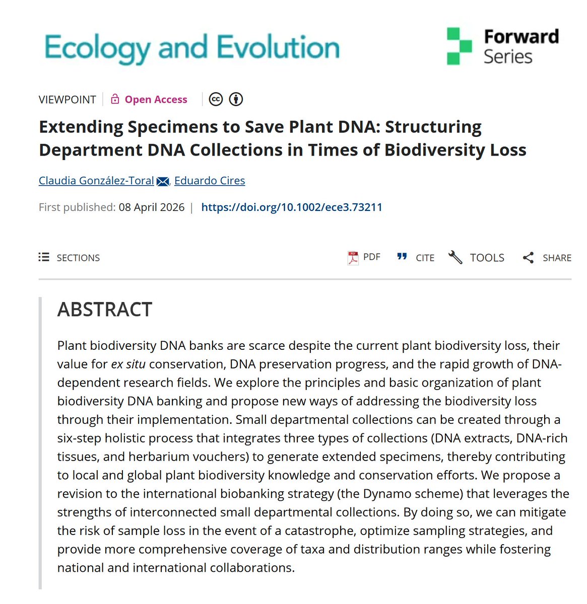 EduardoCires's tweet image. 🌱 New paper out!
DNA collections and tackle biodiversity loss 🌍🧬
A simple, connected approach to improve conservation, sampling, and collaboration.
📄 doi.org/10.1002/ece3.7…
#Biodiversity #Ecology #Conservation
@IndurotUniovi @GonzalezToralC @uniovi_info @UOdivulga
