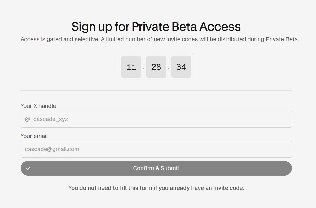 Ya nos podemos inscribir a la Beta Privada de <a href="/cascade_xyz/">Cascade</a> 

Hace unas semanas hicimos el pre-deposito y desde ese entonces hemos ido ganando puntos, en mi caso me inscribiré porque no cuesta nada.

cascade.xyz/join

Quedan menos de 12 horas🚨