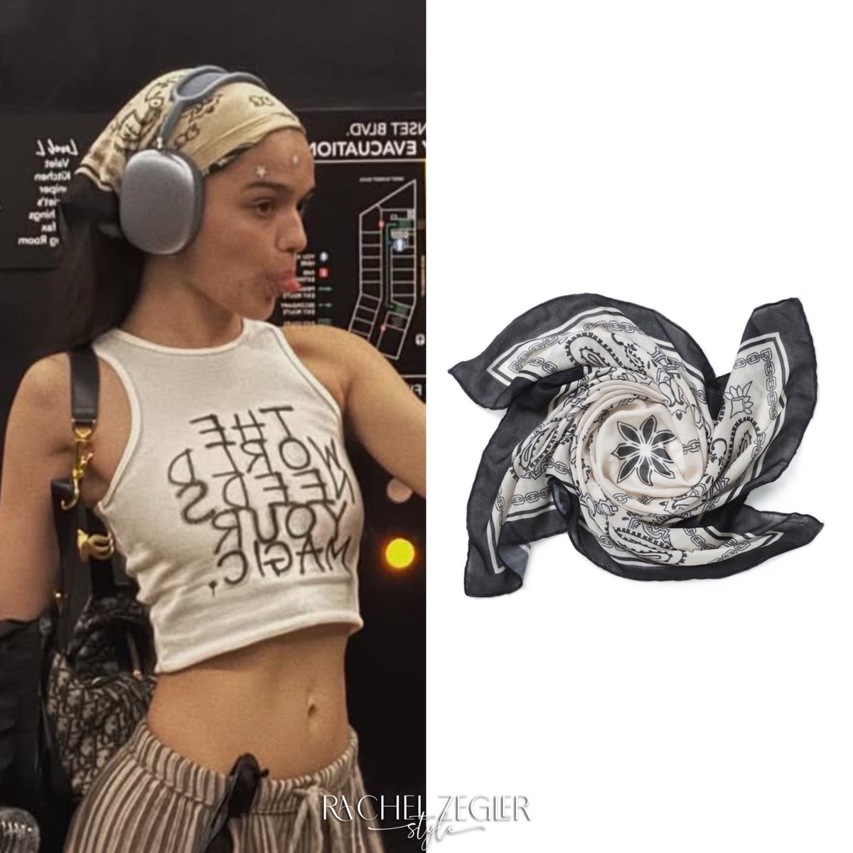 ZeglerStyle's tweet image. Rachel wore the #DressedInLala ‘The World Needs Your Magic Graffiti Tank’ ($58) along with her #FreePeople ‘Quinn Striped Pants’ ($60).

She wore her #vans 'Super Lowpro Shoes' ($85) along with the #Next ‘Aela Modern Western Black Scarf‘ (Sold Out).